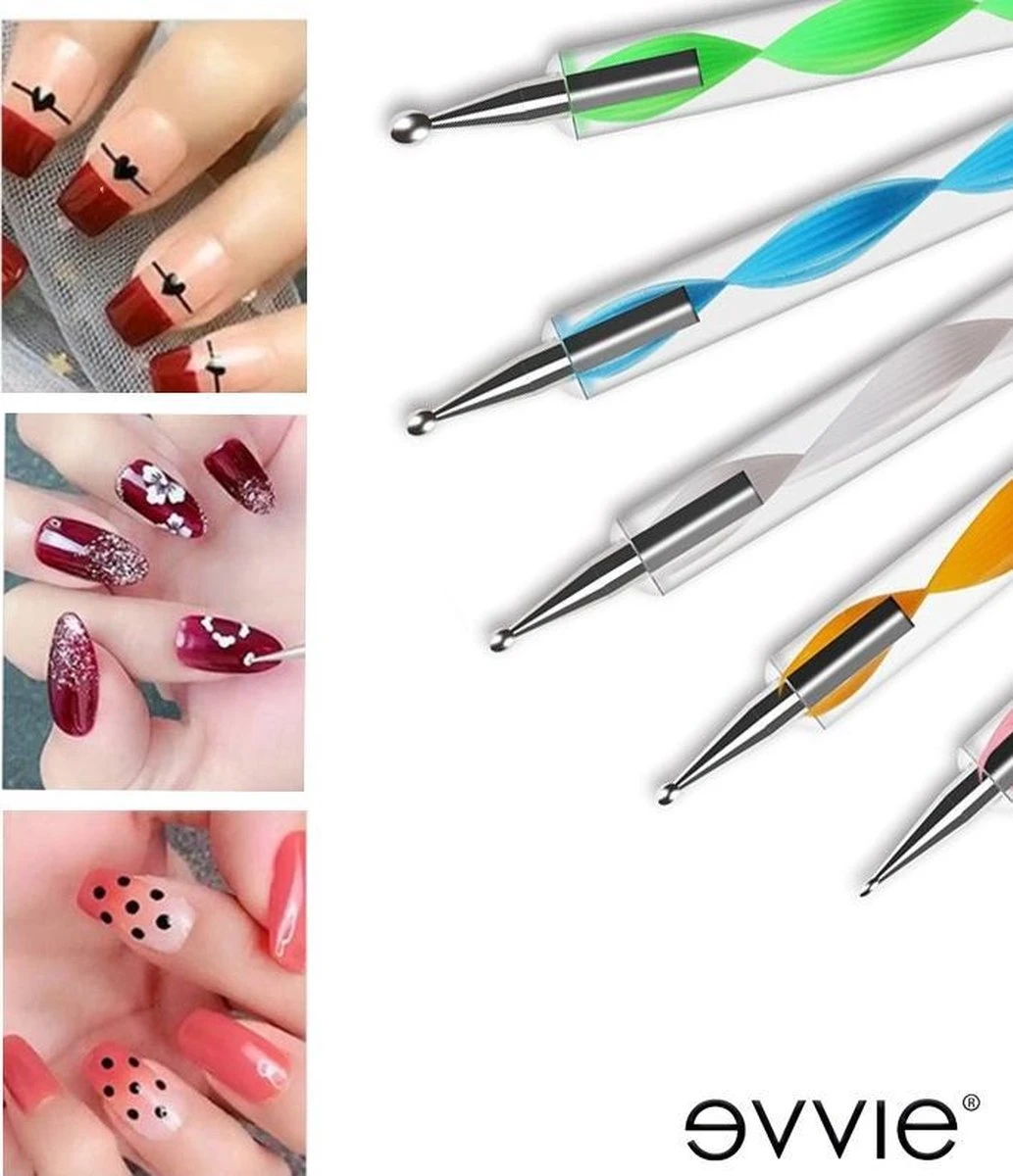 Evvie 20 Delige Nail Art Set - 15 Nailart Penselen En 5 Dotting Tools - Wit - Afbeelding 4