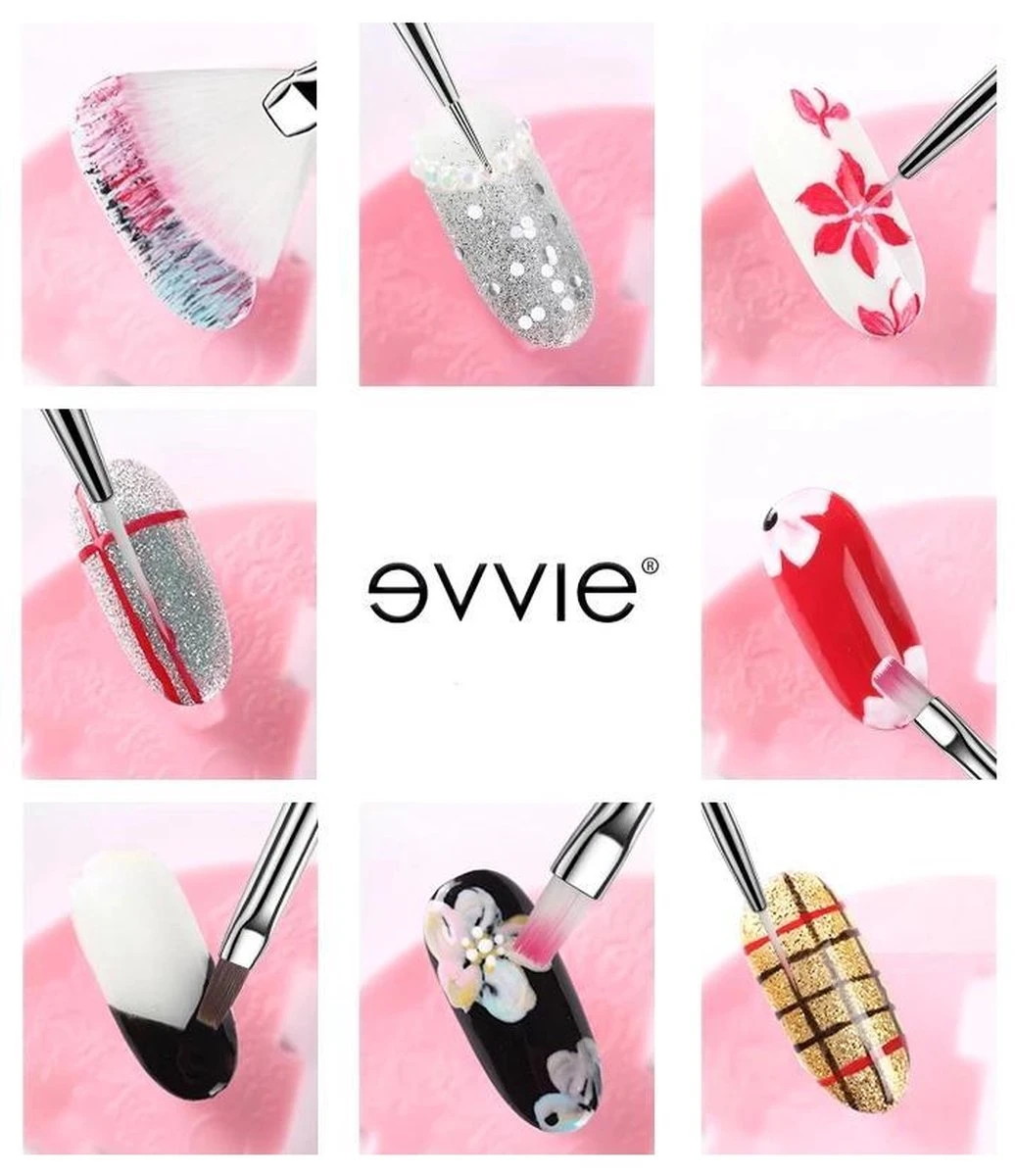 Evvie 20 Delige Nail Art Set - 15 Nailart Penselen En 5 Dotting Tools - Wit - Afbeelding 5