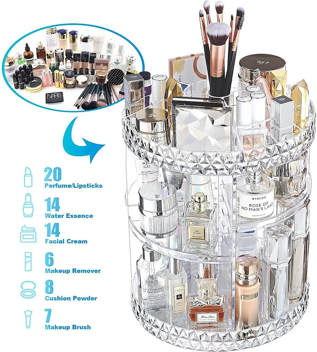 Merkloos Decopatent® Make Up Organizer - 360 Graden Draaibaar - Staande Makeup Organizer Transparant - Cosmetica - Lippenstift - Nagellak - Brushes - Kwasten - Oorbellen Etc - Afbeelding 9