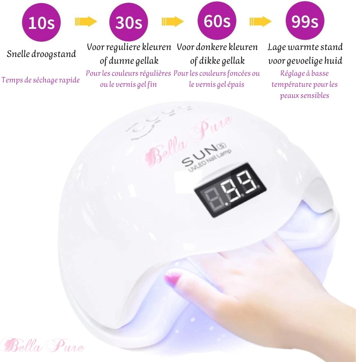 Bella Pure 48W Nageldroger - Vinger- En Teennagels - Bewegingssensor En Timer - 24 LED's - Afbeelding 4