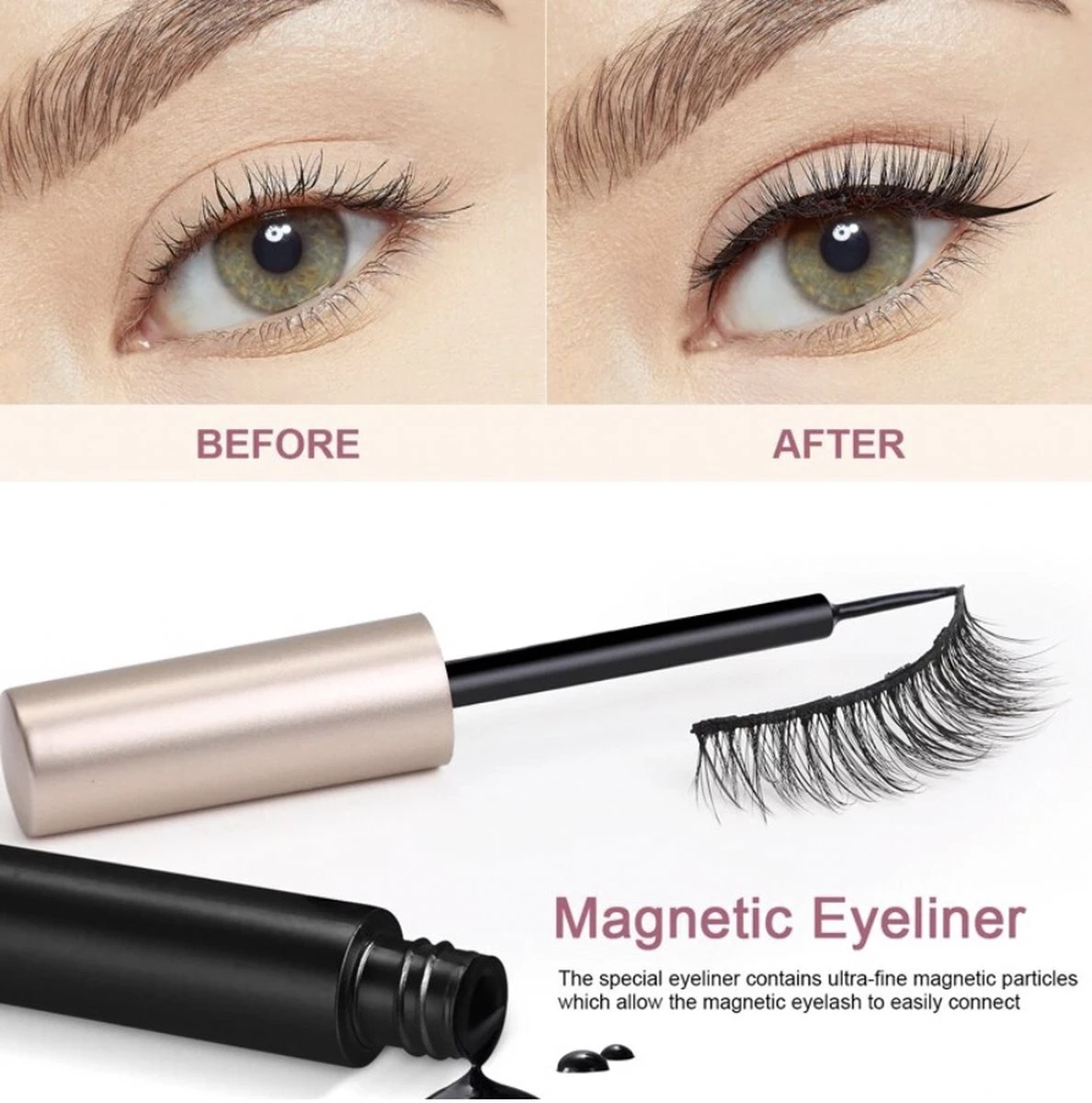 Yermin Beauty Magnetische Wimpers Met Eyeliner Pen Set - Magnetic Lashes - Magneet - 14 Sets Nepwimpers Met 3 Eyelinergel En 1 Applicator - Zwart - Afbeelding 2