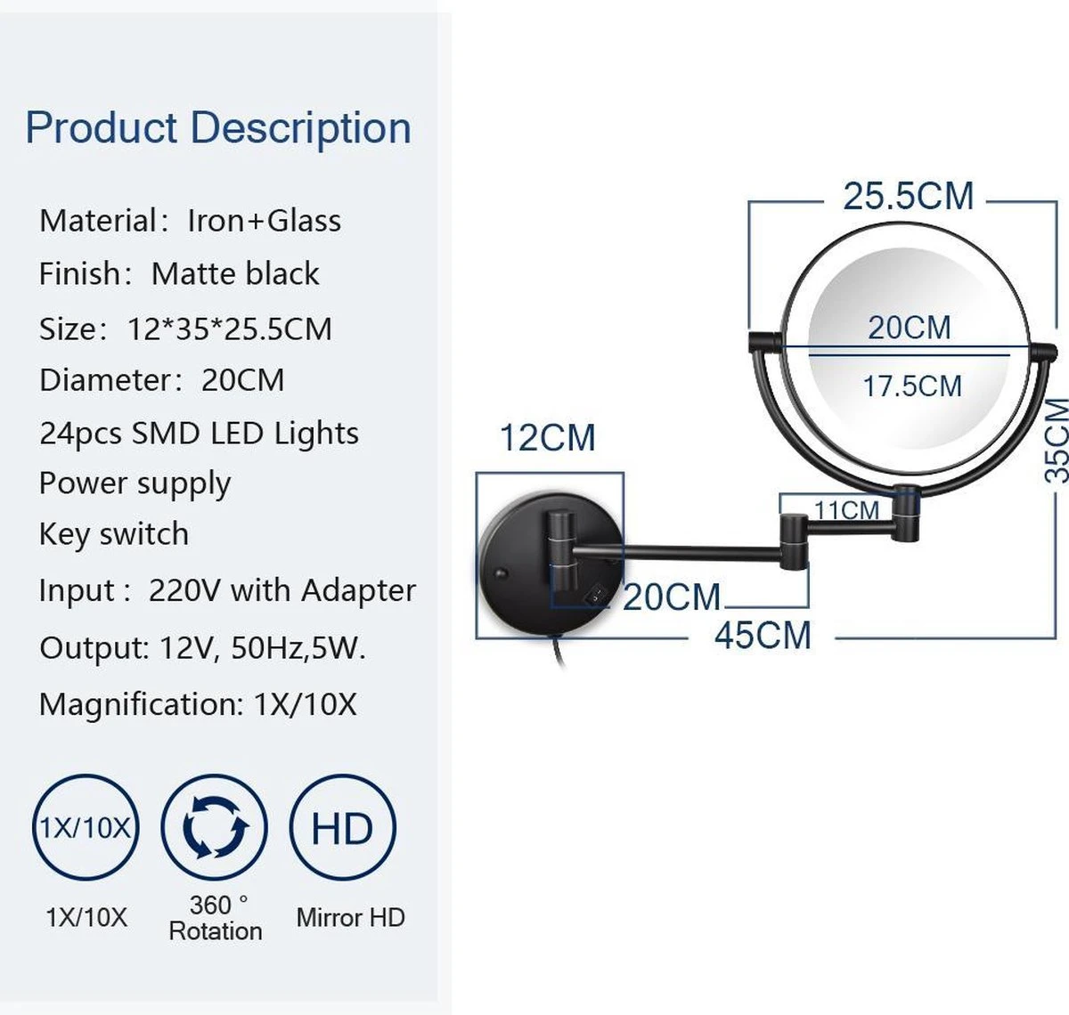SaniDreams Thora - Make-up Spiegel-rond-zwart-10x Vergroot - Afbeelding 6