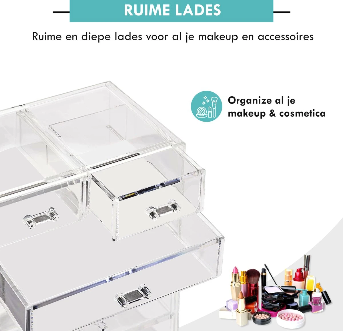 Merkloos XL Make-Up Organizer - 22 Opbergvakken - Tweedelig - Acryl - Afbeelding 5
