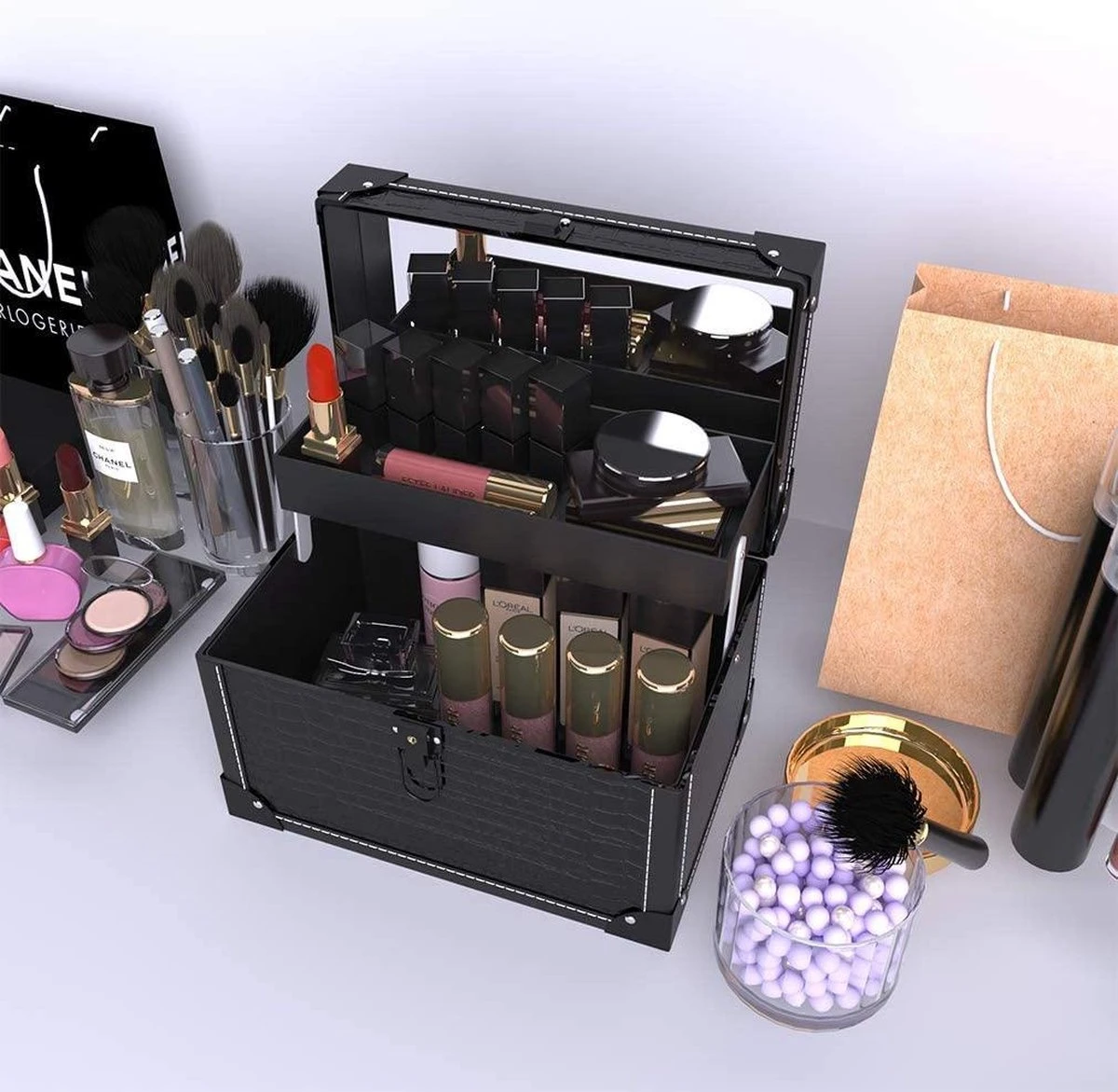Make Up Koffer- Make Up Organizer- Beautycase -zwart -Make-upkoffer- Multifunctionele Koffer- Make-upkoffer- Sieradenkoffer- Kapperskoffer- Afneembare Schouderriem- Klassieke Zwarte Beautycase - Afbeelding 3