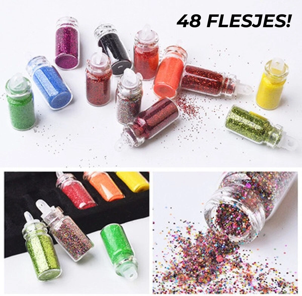 Merkloos 48 Verschillende Flesjes Nagel Decoratie Met Glitters En Sticker - Nail Art - Nagelversiering - Cadeau Tip - Afbeelding 2