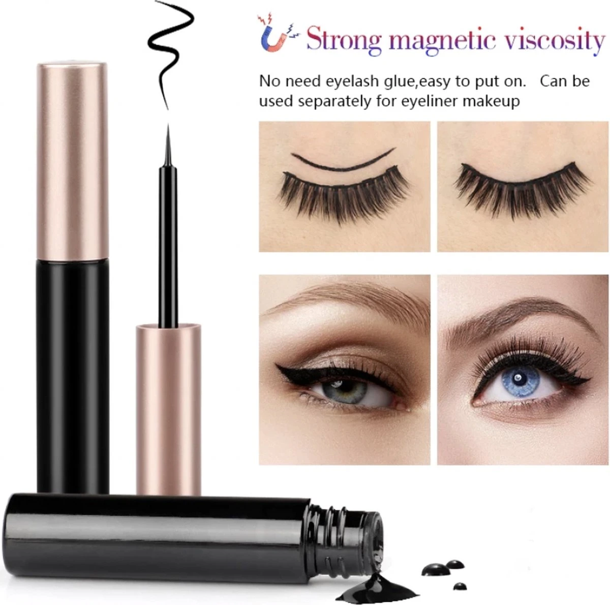 Yermin Beauty Magnetische Wimpers Met Eyeliner Pen Set - Magnetic Lashes - Magneet - 14 Sets Nepwimpers Met 3 Eyelinergel En 1 Applicator - Zwart - Afbeelding 3