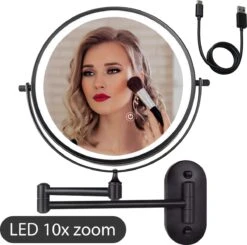 Make Up - Spiegel - Led Verlichting - 10X Vergroting - 3 Lichtstanden - Wandspiegel Rond - Badkamer - Mat Zwart - Draadloos