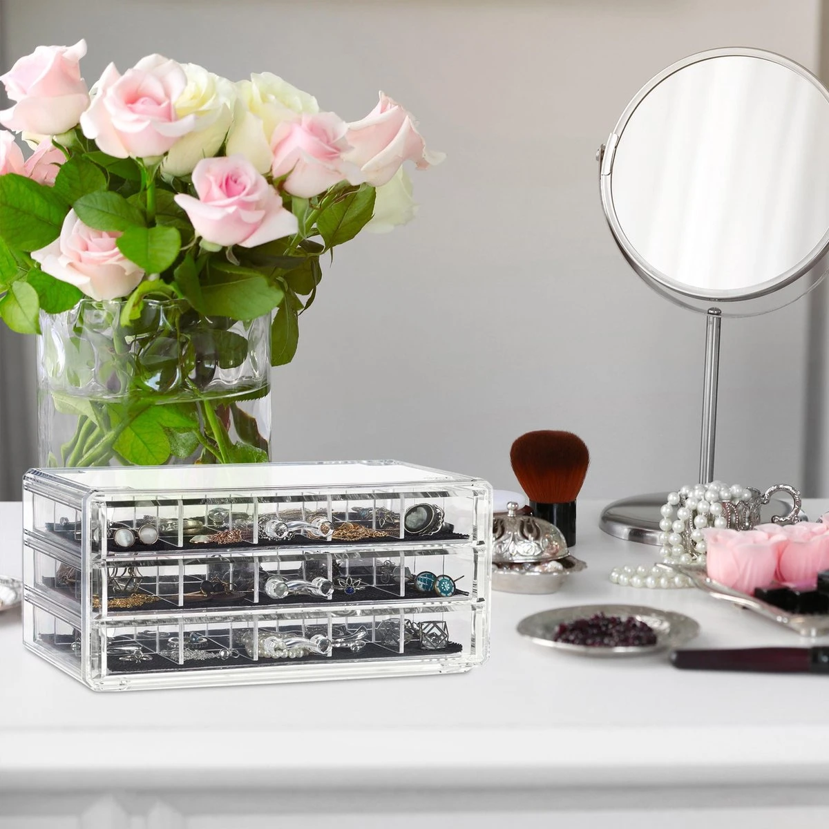 Relaxdays Make-up Organizer Acryl - 3 Lades Met Vakken Acrylbox - Cosmeticabox Opbergdoos - Doorzichtig - Afbeelding 2