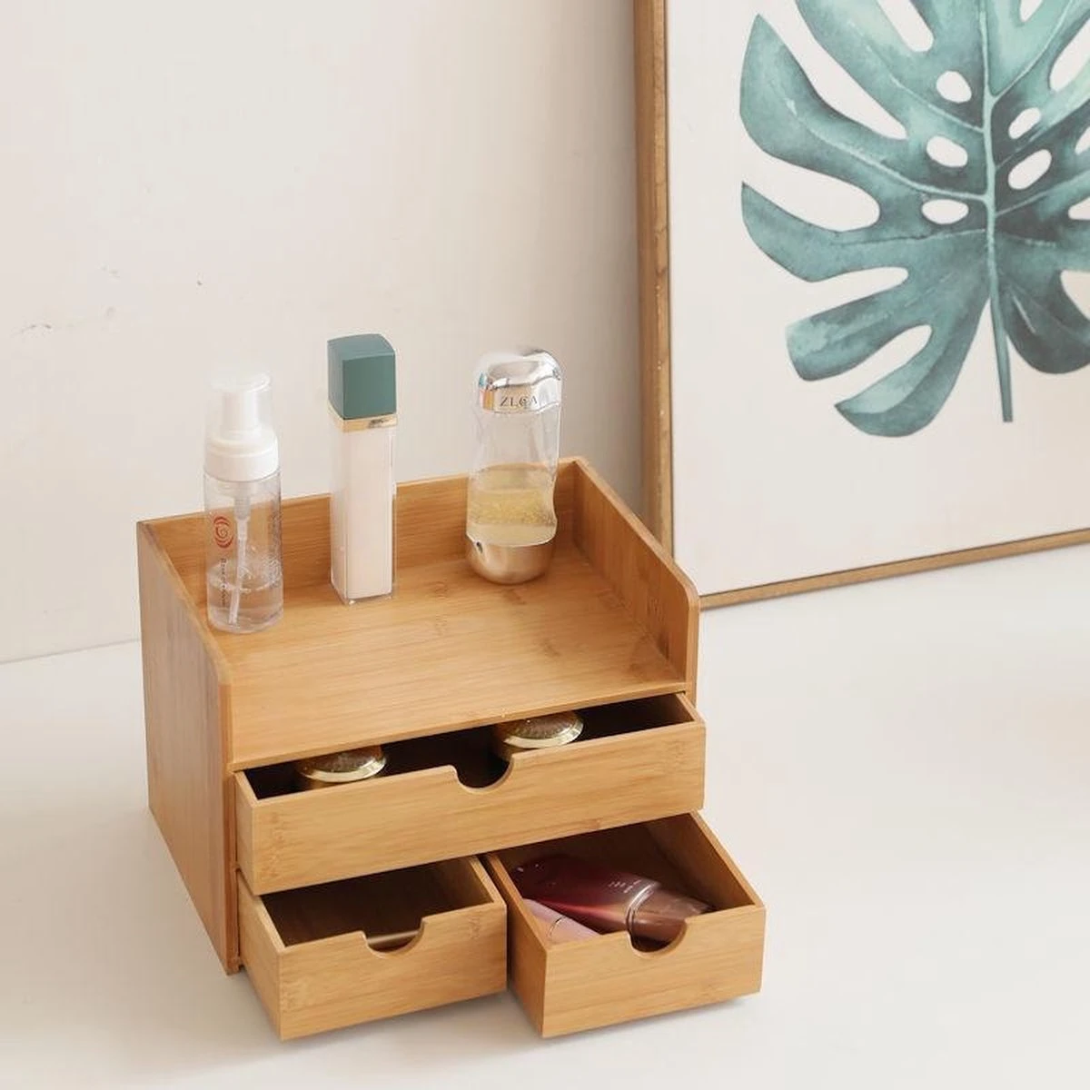 Merkloos Decopatent® Luxe Make-up Organizer Met 3 Lades - Cosmetica Organizer Make Up Met Schuiflade Bamboe Hout - Cosmeticahouder - Toren - Afbeelding 2