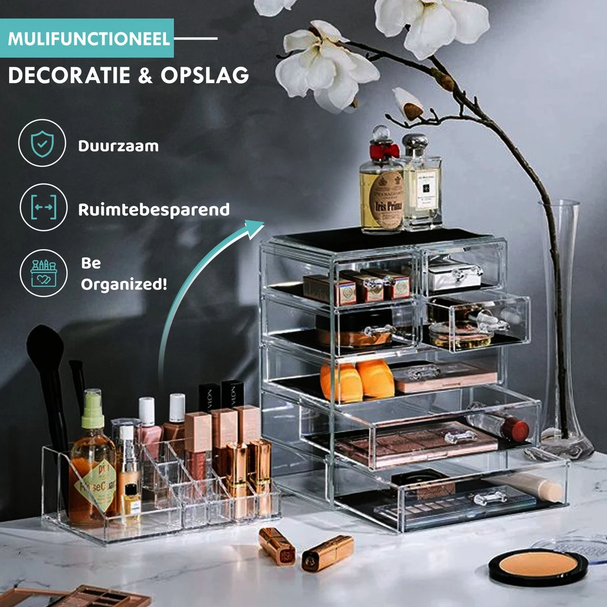 Merkloos XL Make-Up Organizer - 22 Opbergvakken - Tweedelig - Acryl - Afbeelding 4