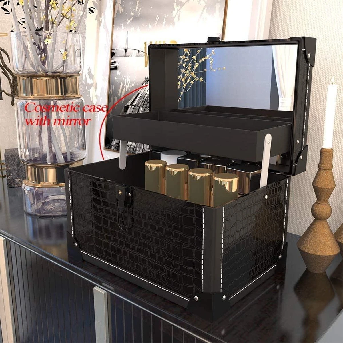 Make Up Koffer- Make Up Organizer- Beautycase -zwart -Make-upkoffer- Multifunctionele Koffer- Make-upkoffer- Sieradenkoffer- Kapperskoffer- Afneembare Schouderriem- Klassieke Zwarte Beautycase - Afbeelding 2