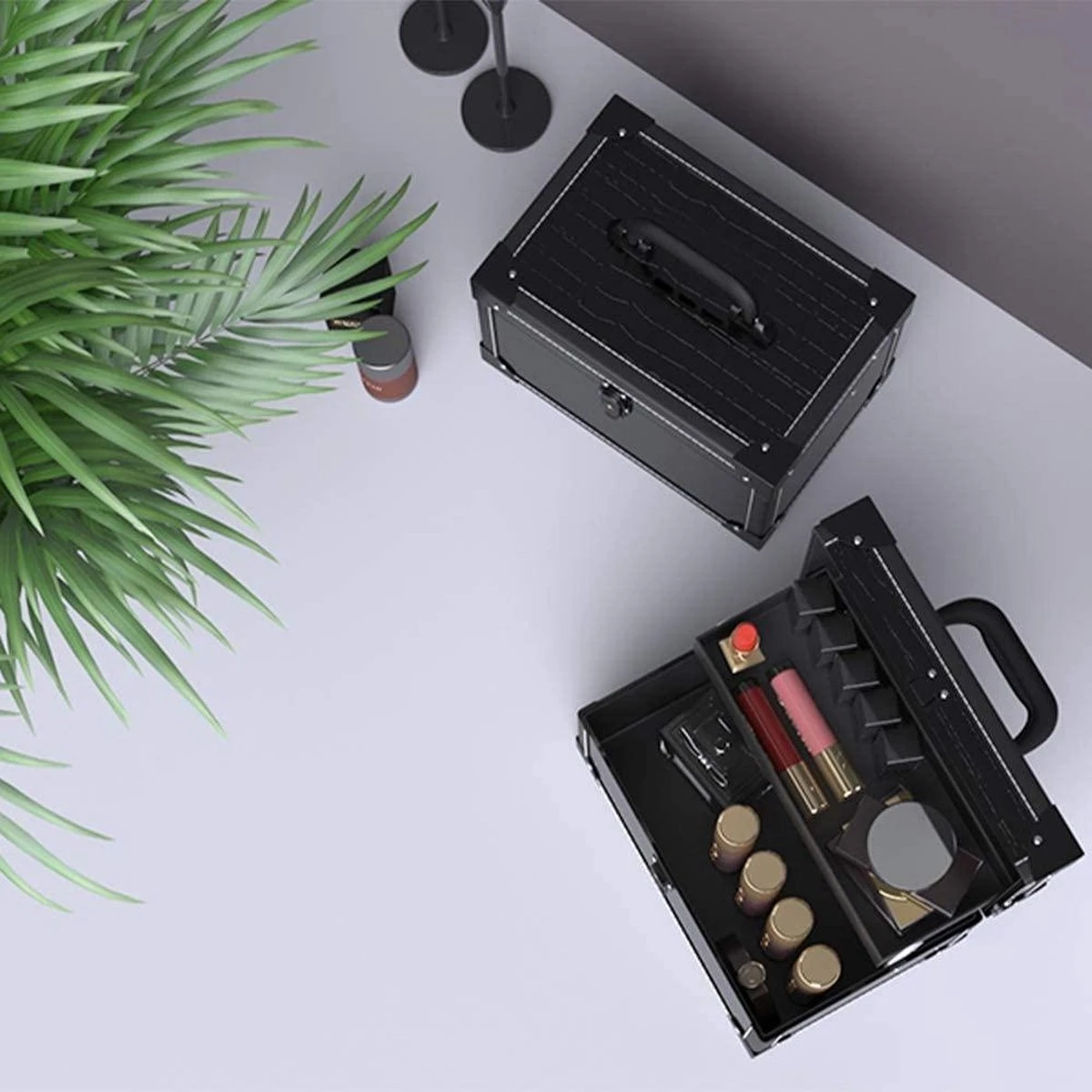 Make Up Koffer- Make Up Organizer- Beautycase -zwart -Make-upkoffer- Multifunctionele Koffer- Make-upkoffer- Sieradenkoffer- Kapperskoffer- Afneembare Schouderriem- Klassieke Zwarte Beautycase - Afbeelding 5