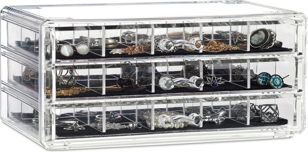 Relaxdays Make-up Organizer Acryl - 3 Lades Met Vakken Acrylbox - Cosmeticabox Opbergdoos - Doorzichtig