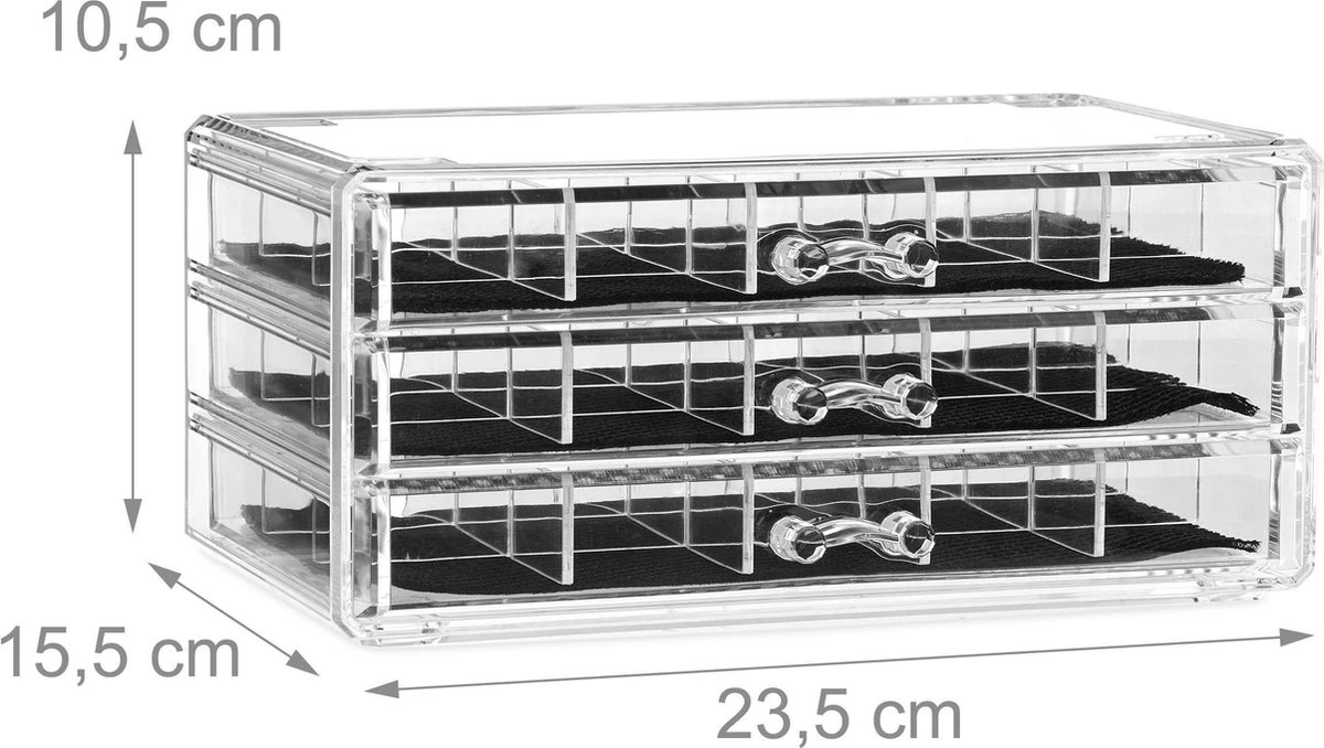 Relaxdays Make-up Organizer Acryl - 3 Lades Met Vakken Acrylbox - Cosmeticabox Opbergdoos - Doorzichtig - Afbeelding 4