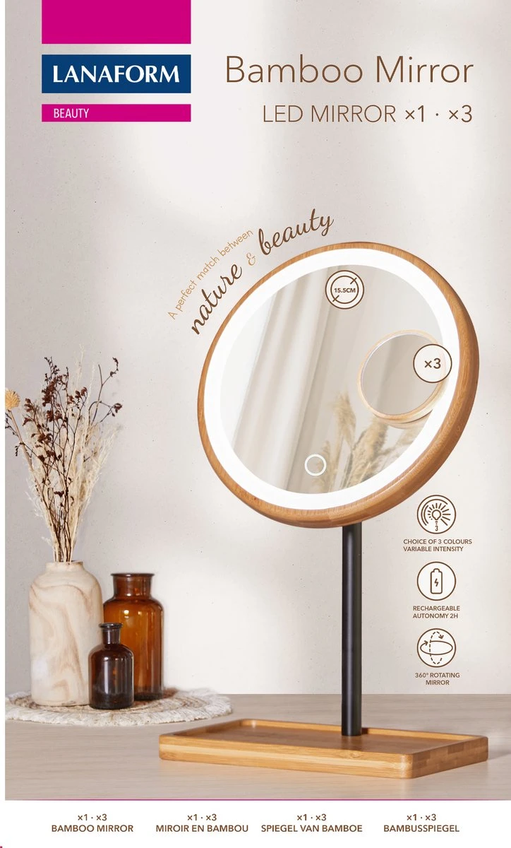 Lanaform - Bamboo Mirror - Oplaadbare Staande Spiegel ×1 · ×3 - Elegant Design Van Bamboe Met Zwarte Poedercoatingafwerking - Ledlampen Met Lange Levensduur - Afbeelding 9
